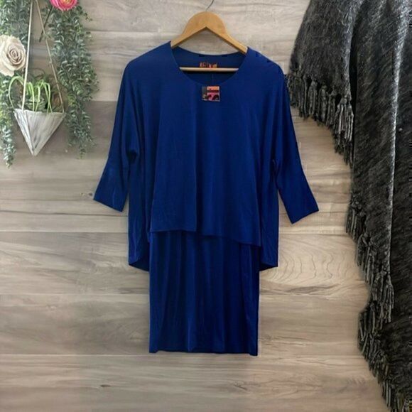 Isle by Melis Kozan Dresses & Skirts - Isle By Melis Kozan Womens Blue Drop Waist 3/4 Sleeve Short Shift Dress Size XS